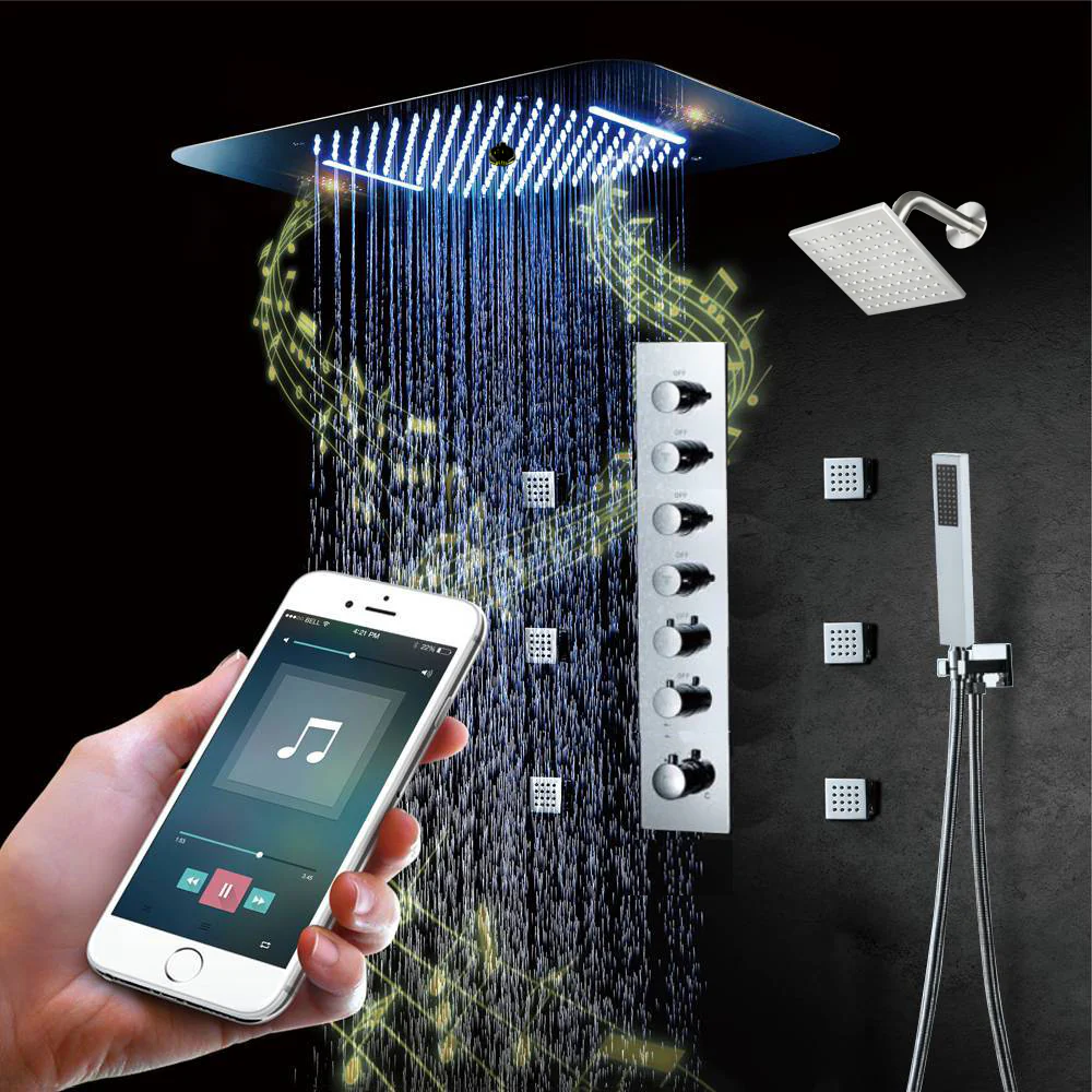 Matte Black or Brushed Gold or Brushed Nickel or Chrome LED Music Shower System 23 x 15 inch with 6-Way Digital Thermostatic Control, Body Jets - Image 13