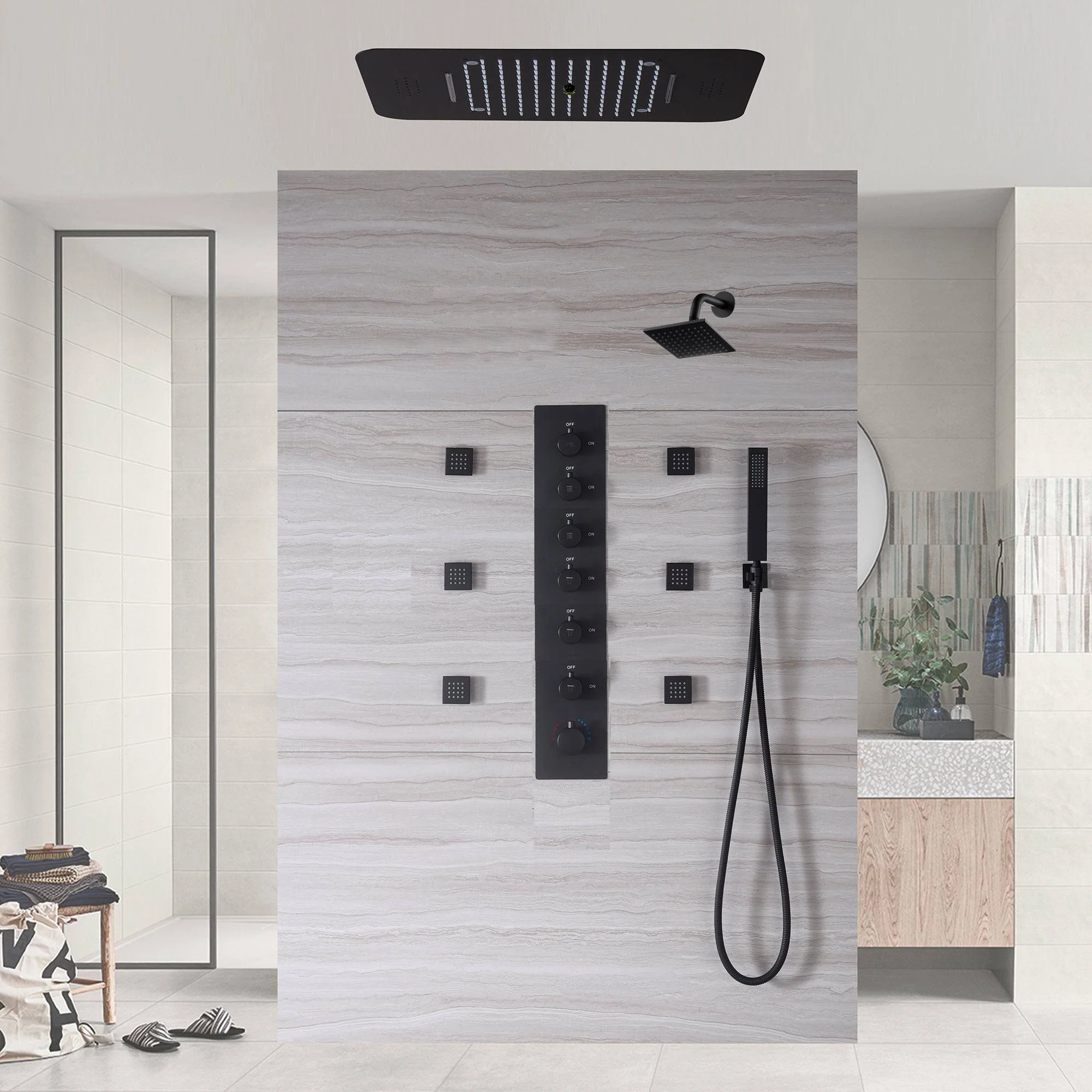 Matte Black or Brushed Gold or Brushed Nickel or Chrome LED Music Shower System 23 x 15 inch with 6-Way Digital Thermostatic Control, Body Jets - Image 3