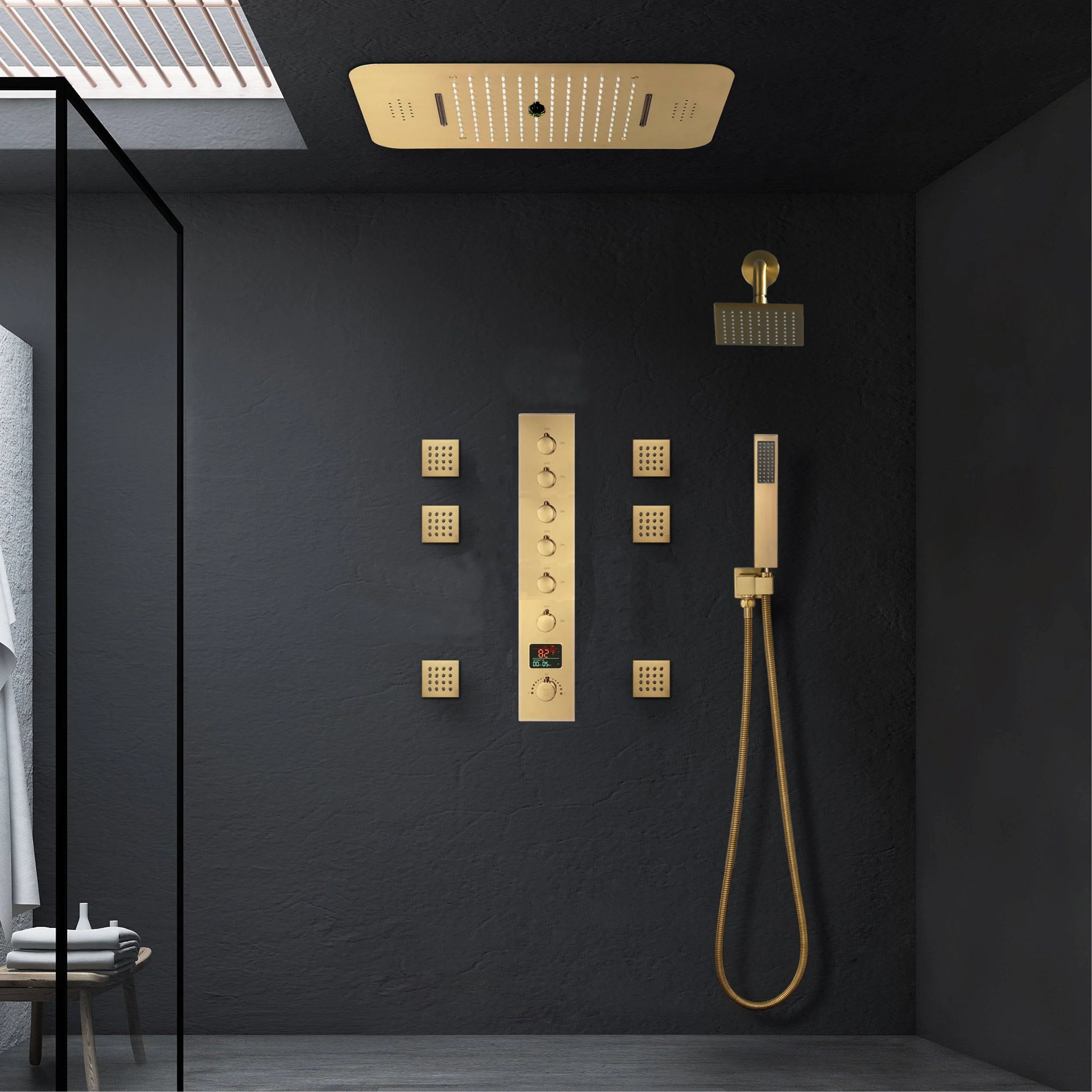 Matte Black or Brushed Gold or Brushed Nickel or Chrome LED Music Shower System 23 x 15 inch with 6-Way Digital Thermostatic Control, Body Jets - Image 6