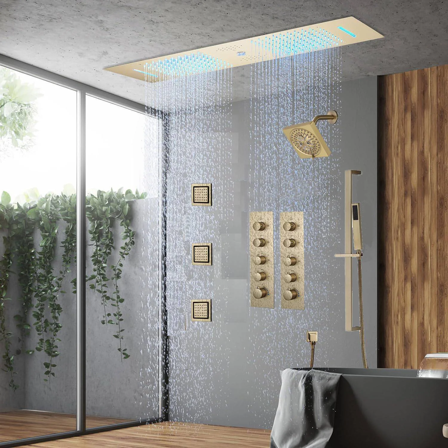 Matte Black Or Brushed nickel or Brushed Gold 35" Bluetooth Music LED Shower System with Waterfall, 8-Way Digital Thermostatic Valve, 3 Body Jets and regular head - Image 31