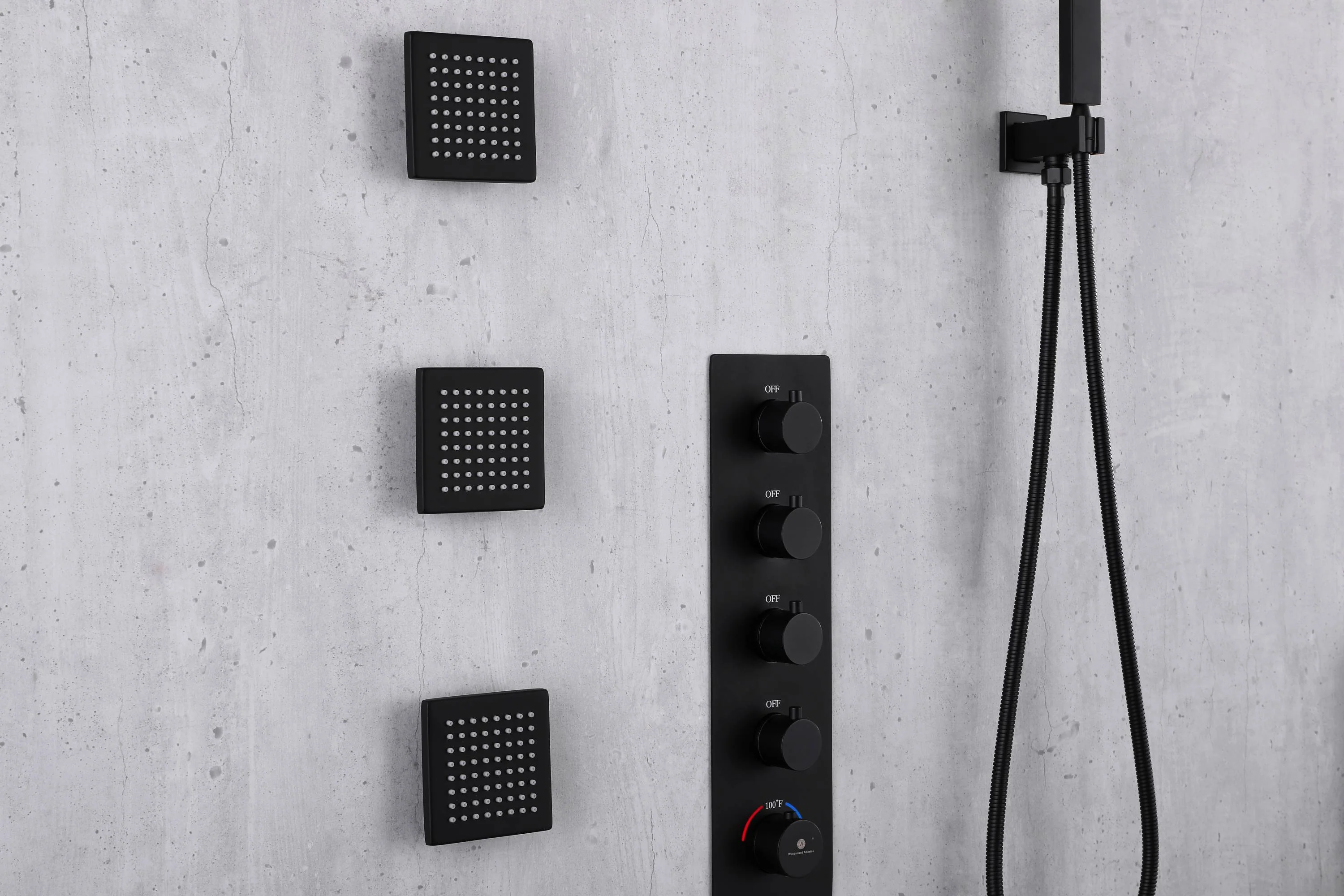 Matte Black Or Brushed nickel or Brushed Gold Rainfall Shower System: 12" or 16" with 5-Way Thermostatic Valve, Body Jets - Image 7