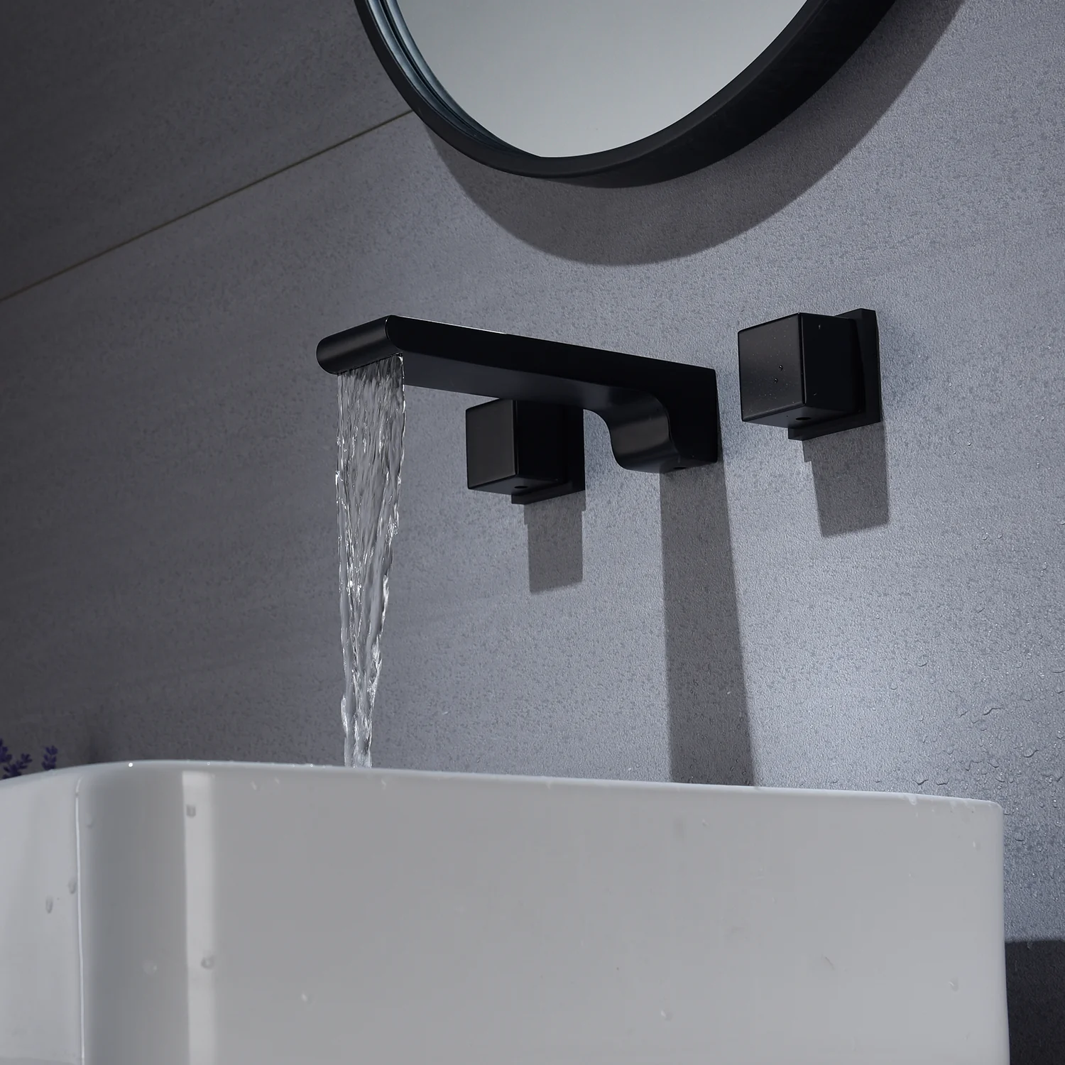 matte black waterfall wall mount bathroom sink faucet with overflow brass pop up drain