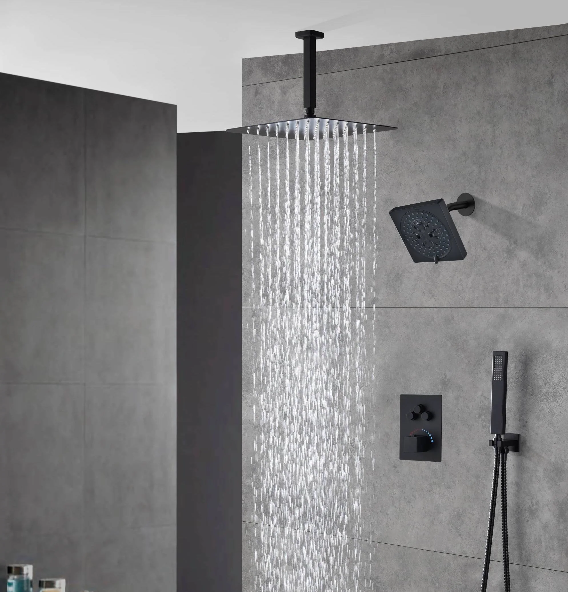 Matte black wall mount 6inch regular high water pressure shower head ceiling mount 16inch or 12 inch rainfall shower head 3 way thermostatic shower system - Image 3