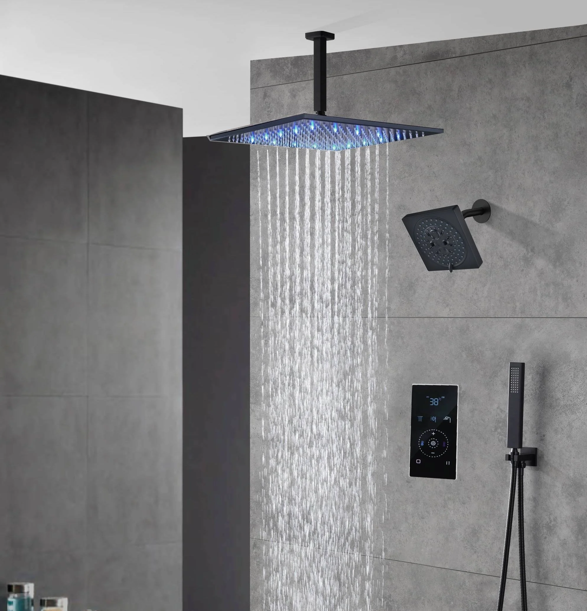 Matte black wall mount 6inch regular high water pressure shower head ceiling mount 16inch or 12 inch rainfall shower head 3 way thermostatic shower system - Image 6