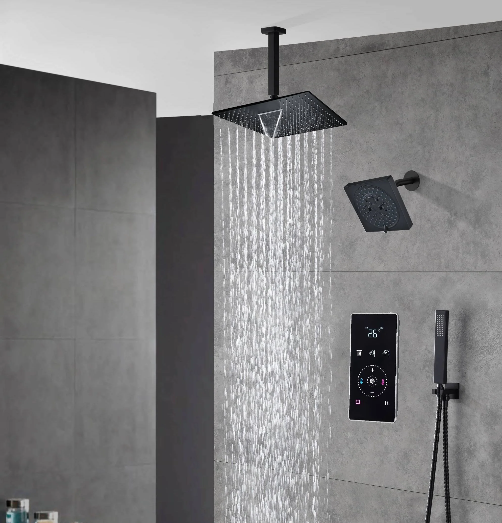 Matte black wall mount 6inch regular high water pressure shower head ceiling mount 16inch or 12 inch rainfall shower head 3 way thermostatic shower system - Image 8