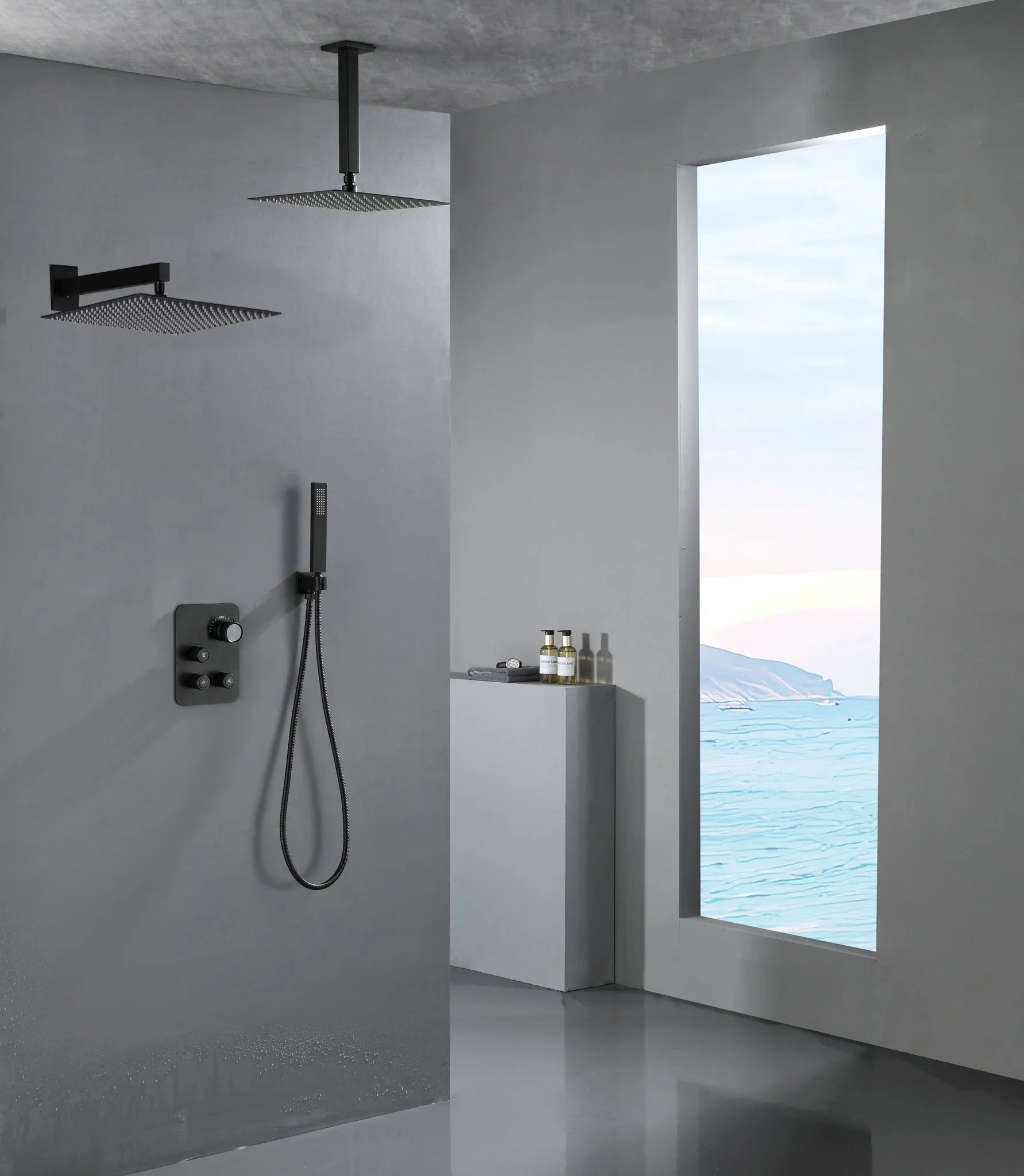 matte black wall mount rainfall shower head ceiling mount rainfall shower head 3 way thermostatic shower faucet each function work all together and separately