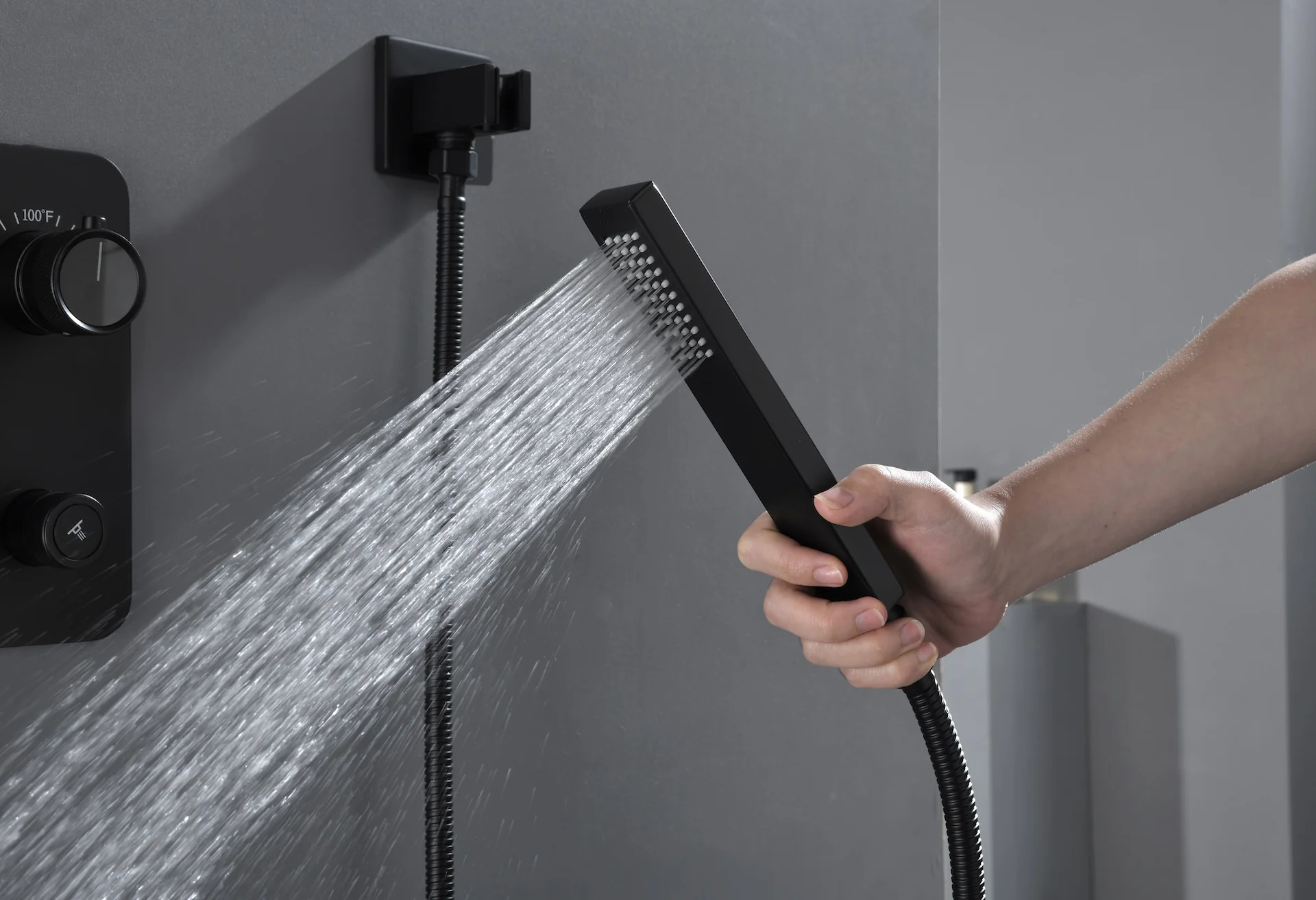 matte black wall mount rainfall shower head ceiling mount rainfall shower head 3 way thermostatic shower faucet each function work all together and separately - Image 13