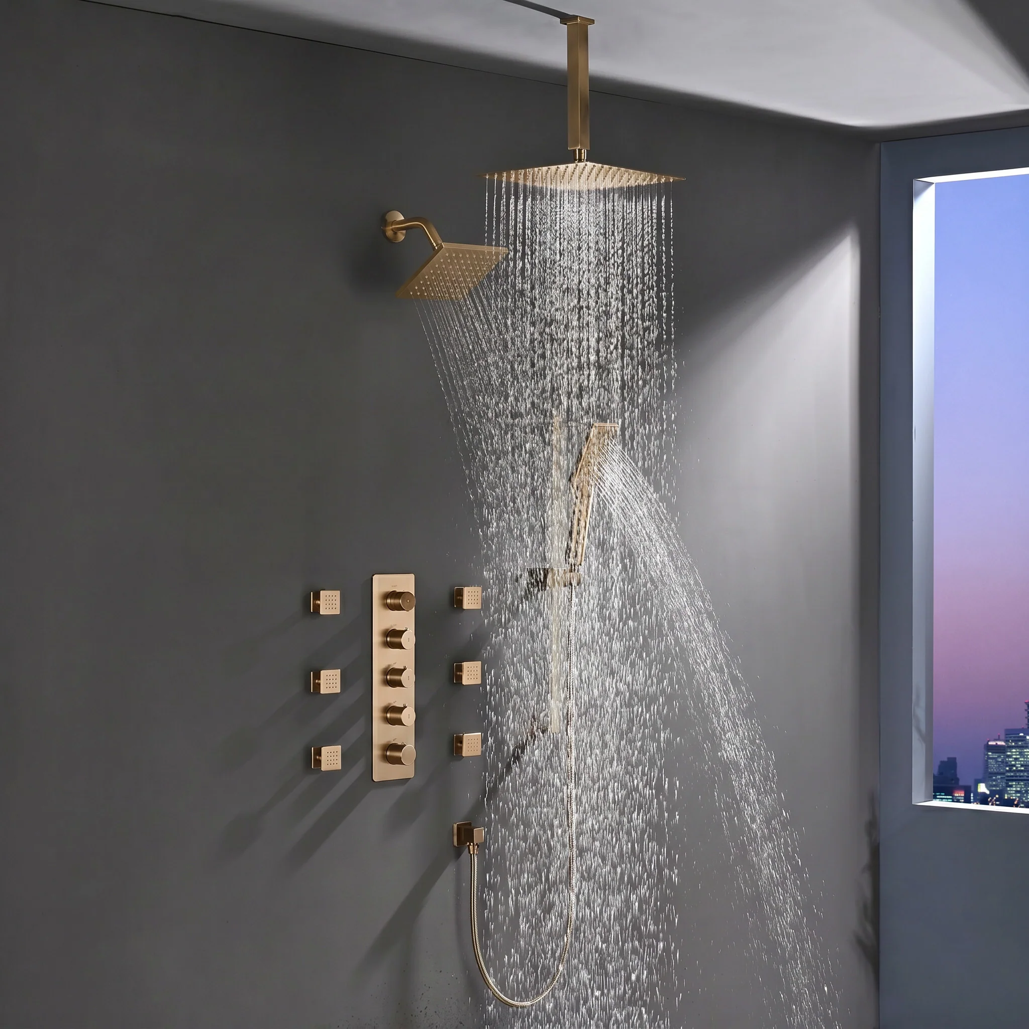 4-Way Thermostatic Shower System with 12" Rainfall Head, 6 Body Jets, Hand Shower & Slide Bar, Available in Champagne Bronze / Brushed Gold / Brushed Nickel - Image 15