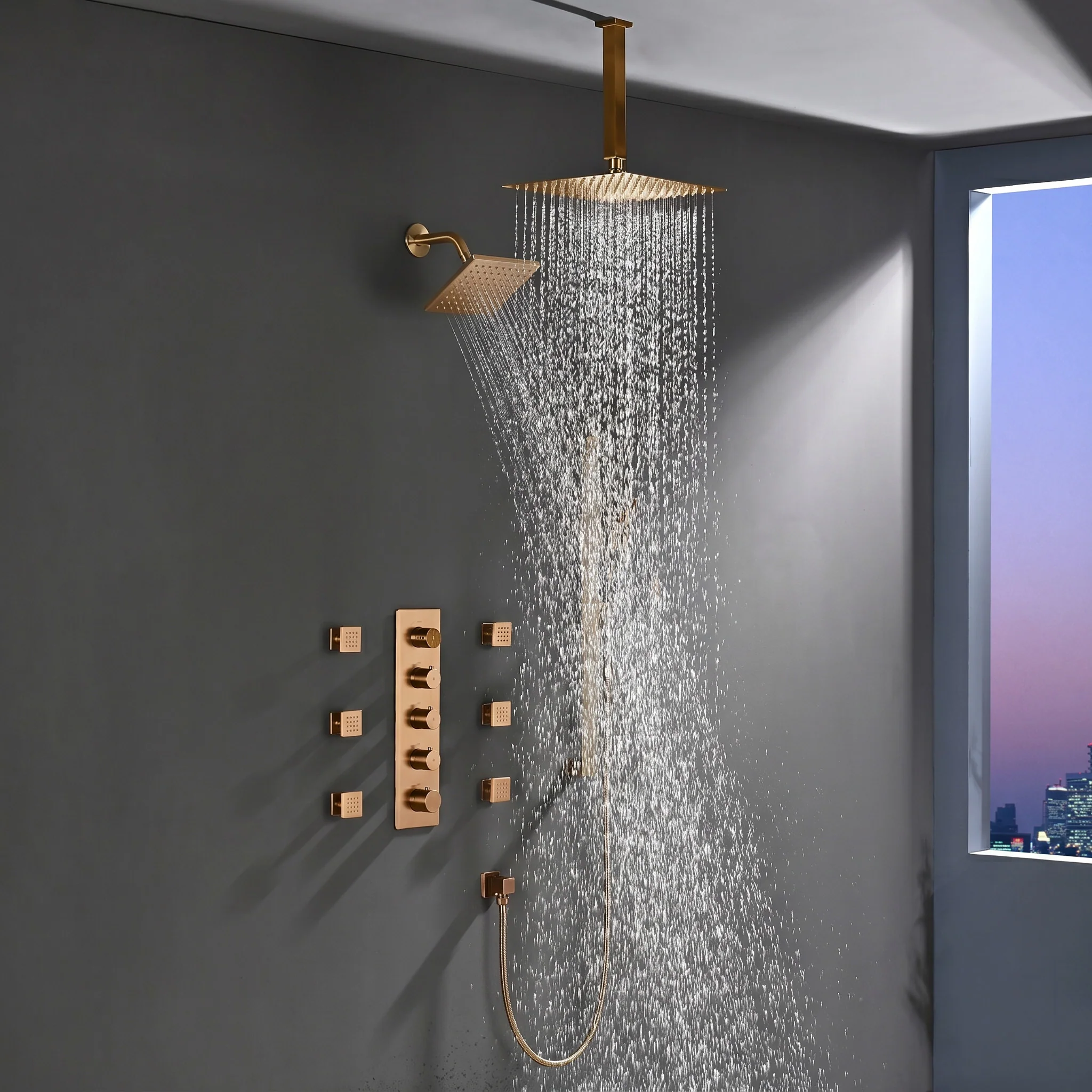 4-Way Thermostatic Shower System with 12" Rainfall Head, 6 Body Jets, Hand Shower & Slide Bar, Available in Champagne Bronze / Brushed Gold / Brushed Nickel - Image 16