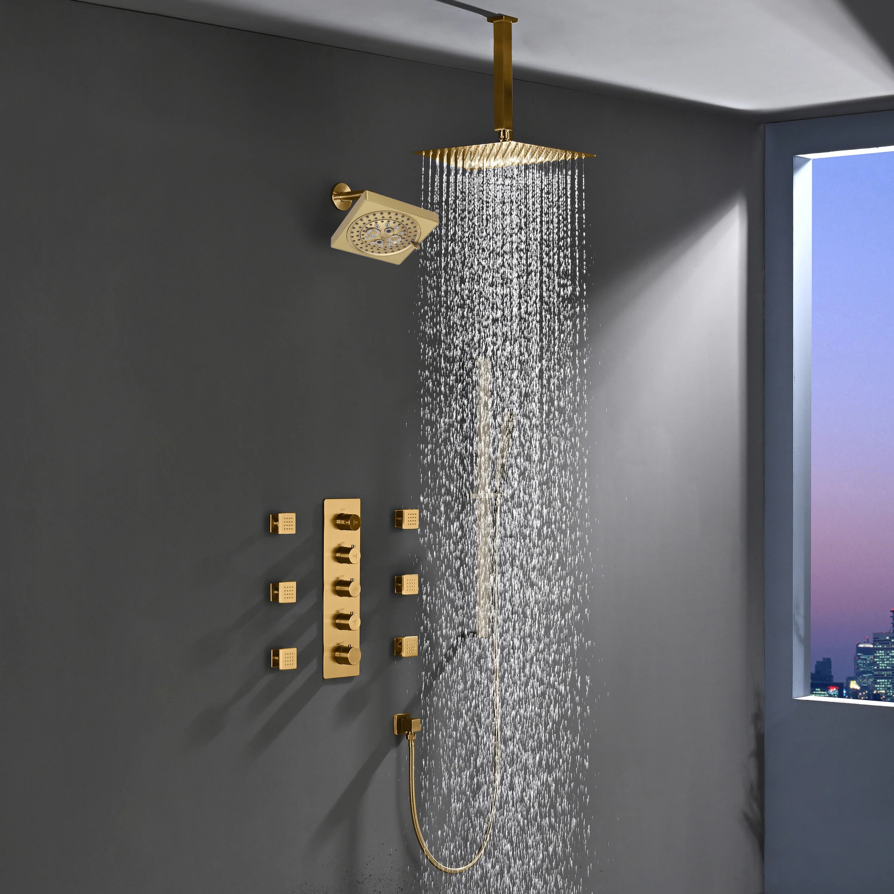 4-Way Thermostatic Shower System with 12" Rainfall Head, 6 Body Jets, Hand Shower & Slide Bar, Available in Champagne Bronze / Brushed Gold / Brushed Nickel - Image 3