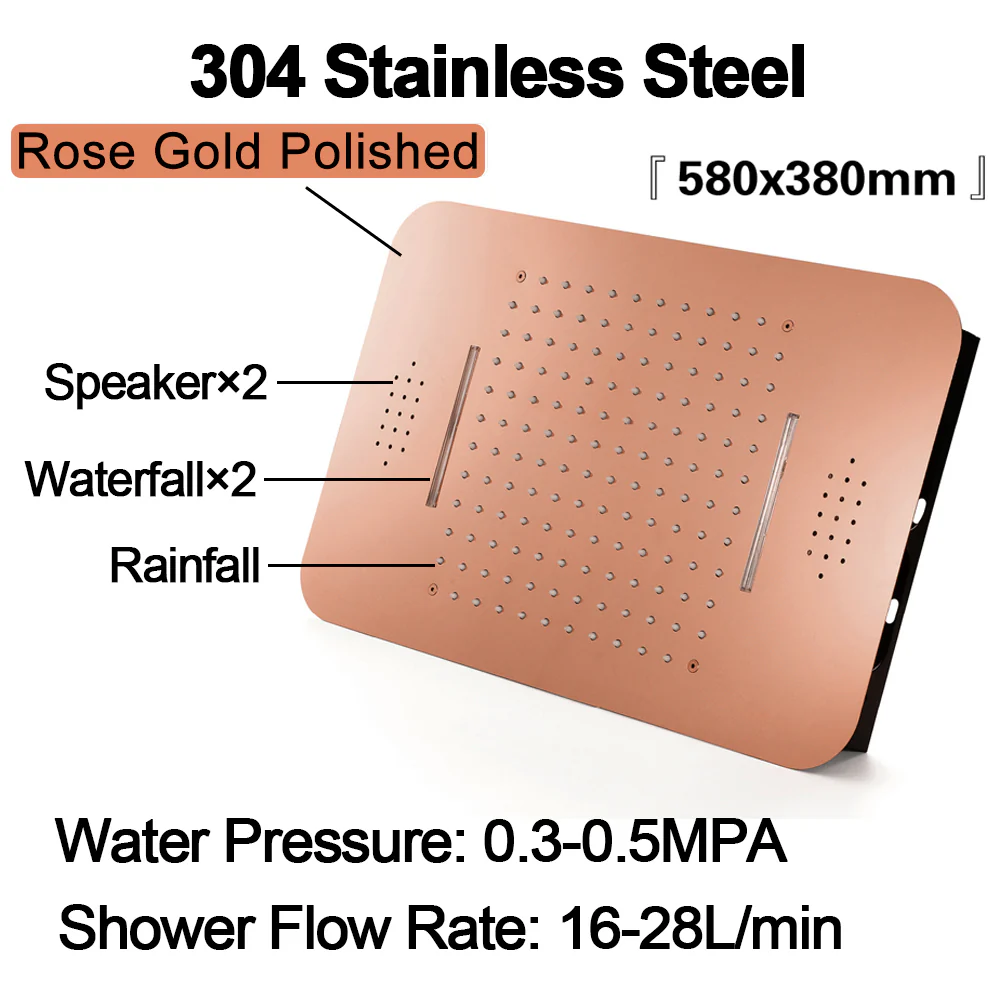 Rose Gold Music 64 LED 4-Way Thermostatic Shower System | Flushed In 23X 15-Inch Shower Head | Functions Operate Together and Separately - Image 3