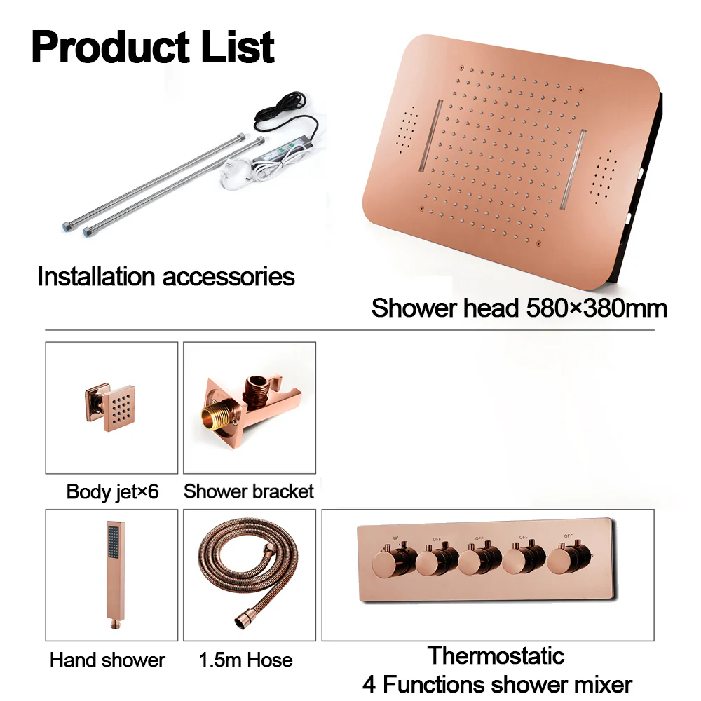 Rose Gold Music 64 LED 4-Way Thermostatic Shower System | Flushed In 23X 15-Inch Shower Head | Functions Operate Together and Separately - Image 5