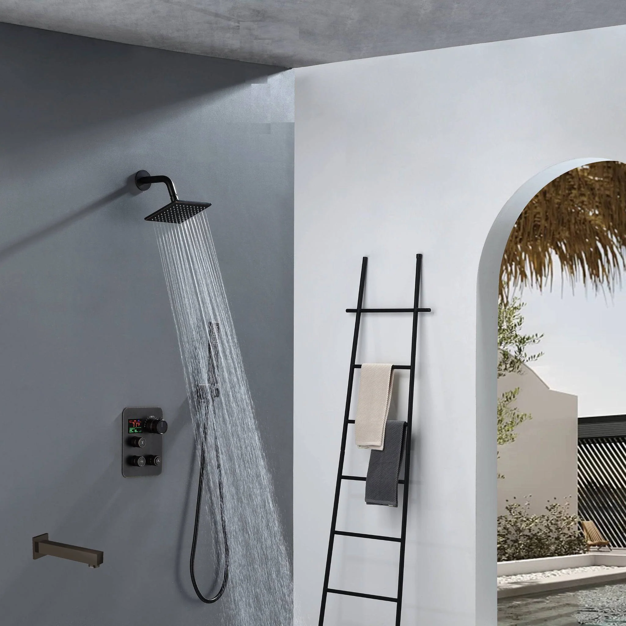 6" Wall Mount High Pressure Shower Head with 3-Way Digital Thermostatic System and Tub Spout - Image 8