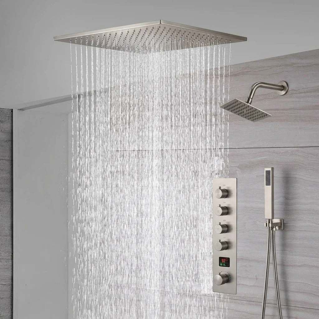 waterfall rainfall 20'' ceiling mounted brushed nickel 4 way Digital display thermostatic shower faucets With regular head