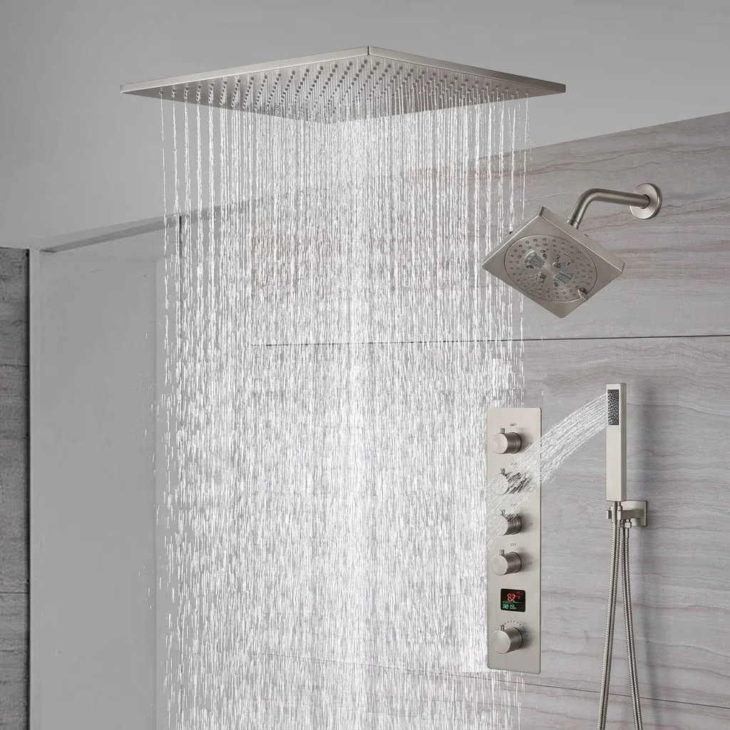 waterfall rainfall 20'' ceiling mounted brushed nickel 4 way Digital display thermostatic shower faucets With regular head - Image 2