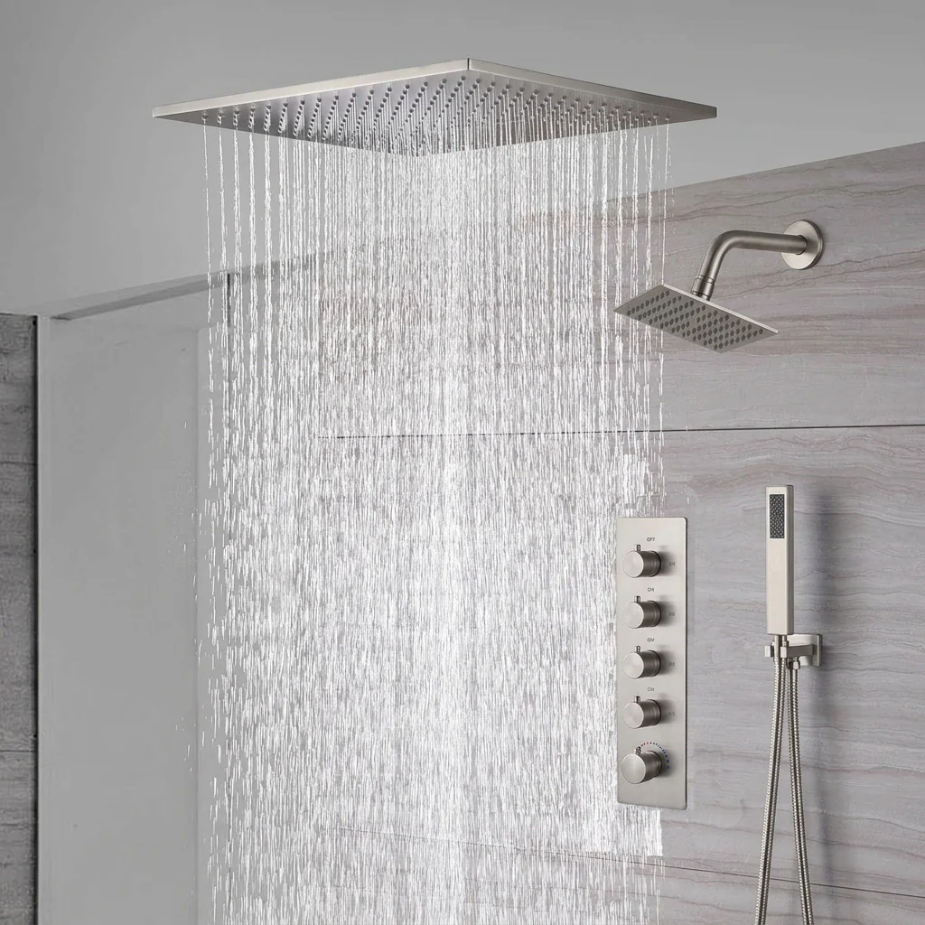 waterfall rainfall 20'' ceiling mounted brushed nickel 4 way Digital display thermostatic shower faucets With regular head - Image 3