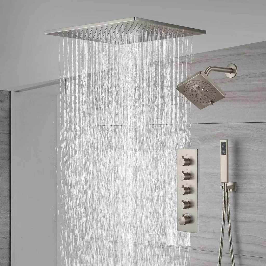 waterfall rainfall 20'' ceiling mounted brushed nickel 4 way Digital display thermostatic shower faucets With regular head - Image 4
