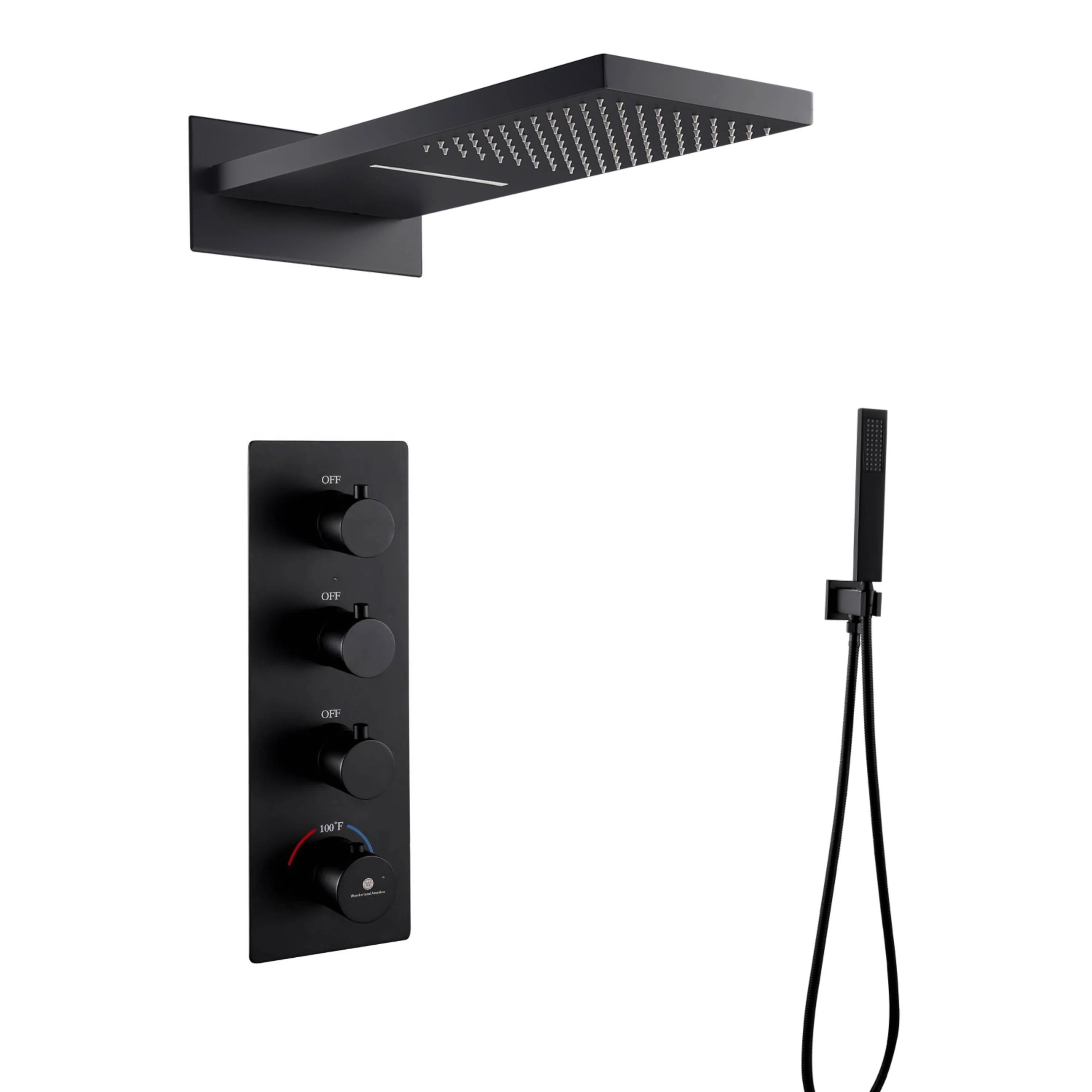 Matte black or chrome 22 inch rainfall waterfall shower head 3 way thermostatic shower system with handle sprayer - Image 5
