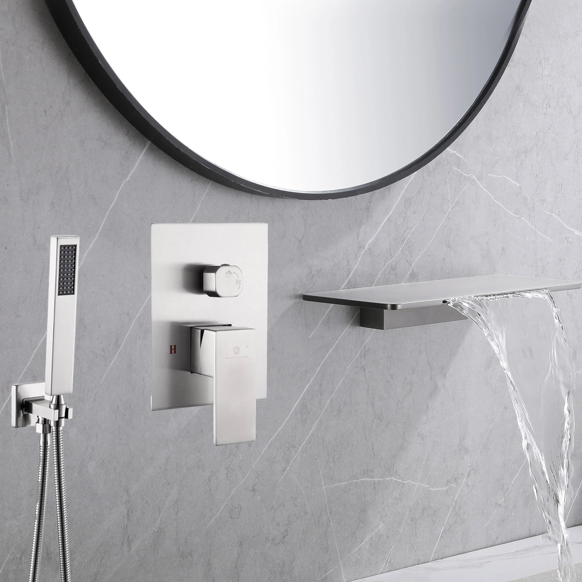 Waterfall Wall-mount Bath Tub Filler Faucet with Handheld Shower Brushed Gold or Matte Black or Brushed Gold Or Brushed Nickel